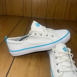 Sperry Top-Sider Women's Deck Canvas Lace Up Boat Sneakers Casual White Blue 9.5
